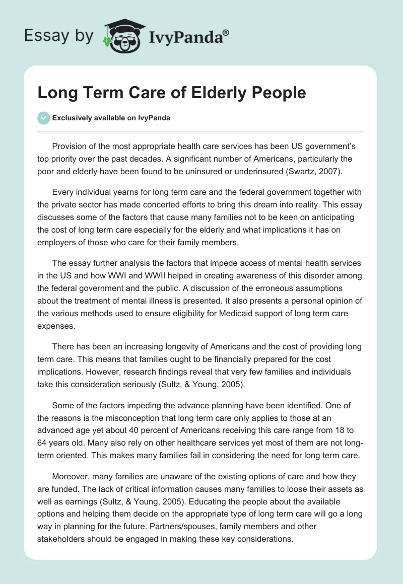 Long Term Care of Elderly People. Page 1