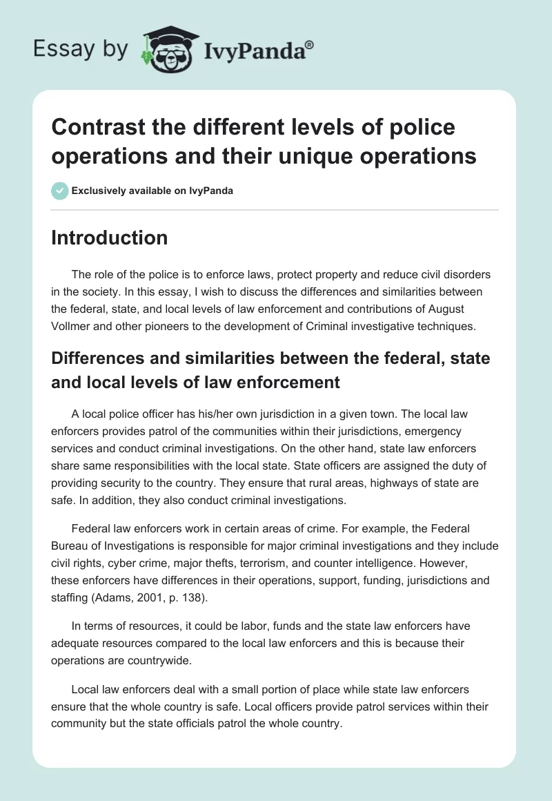 Contrast the Different Levels of Police Operations and Their Unique Operations. Page 1