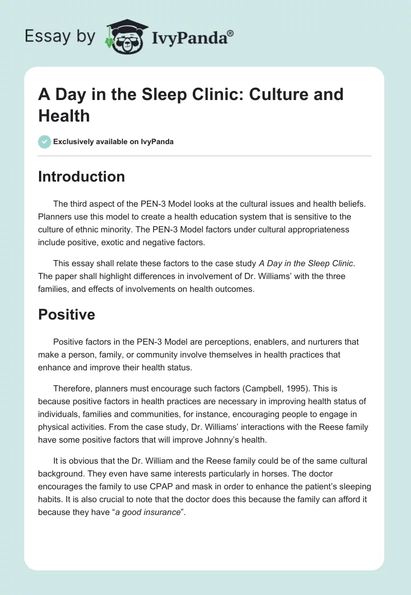 A Day in the Sleep Clinic: Culture and Health. Page 1