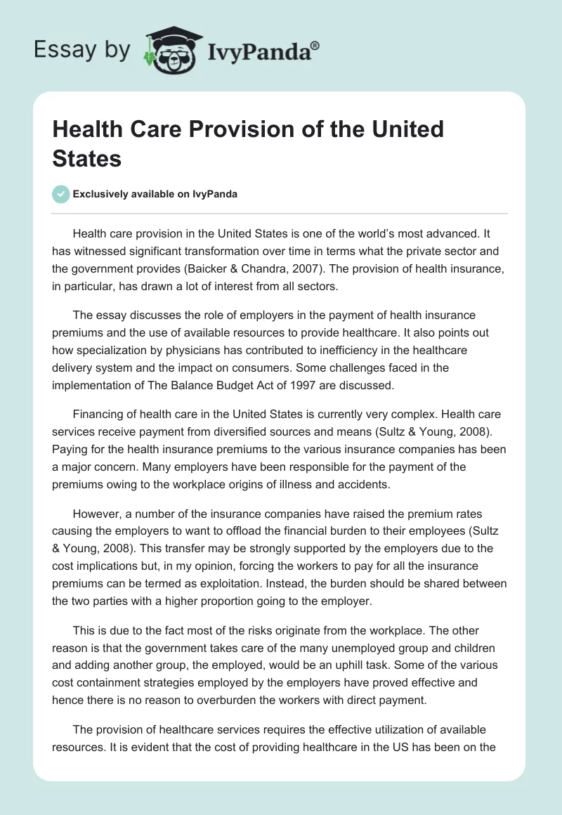 Health Care Provision of the United States. Page 1