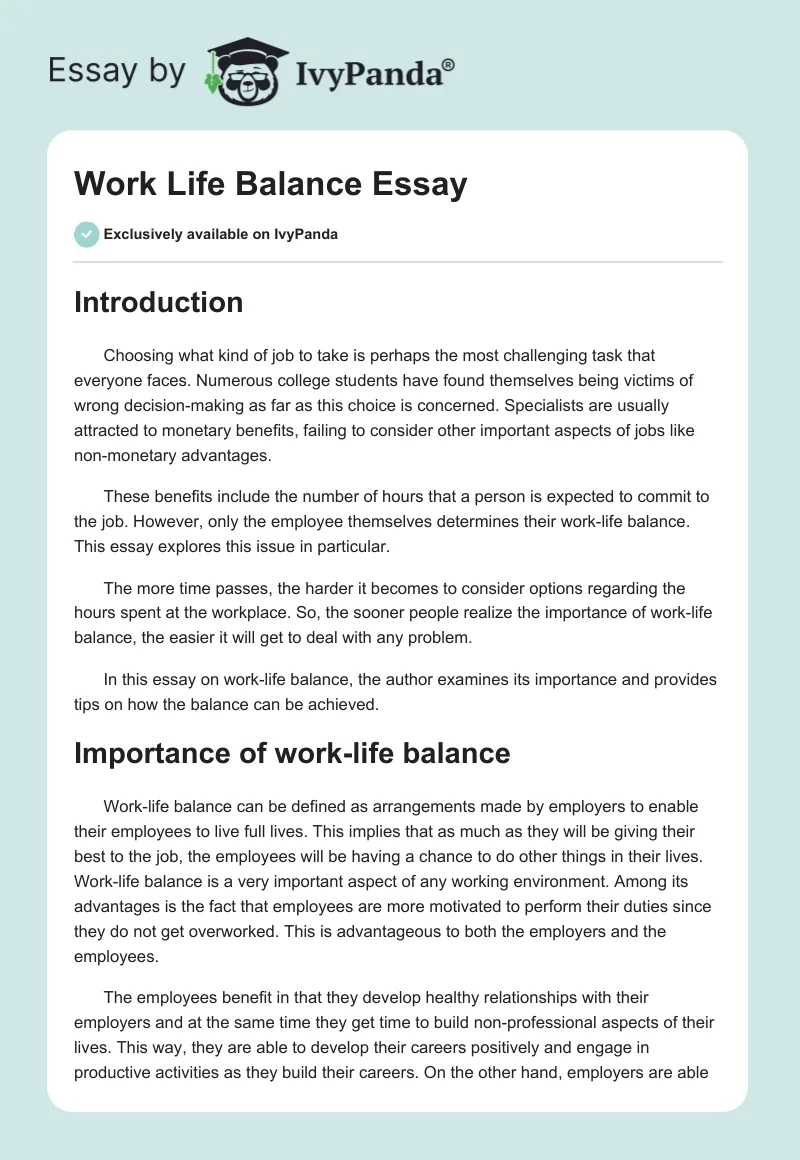 Work Life Balance Essay. Page 1