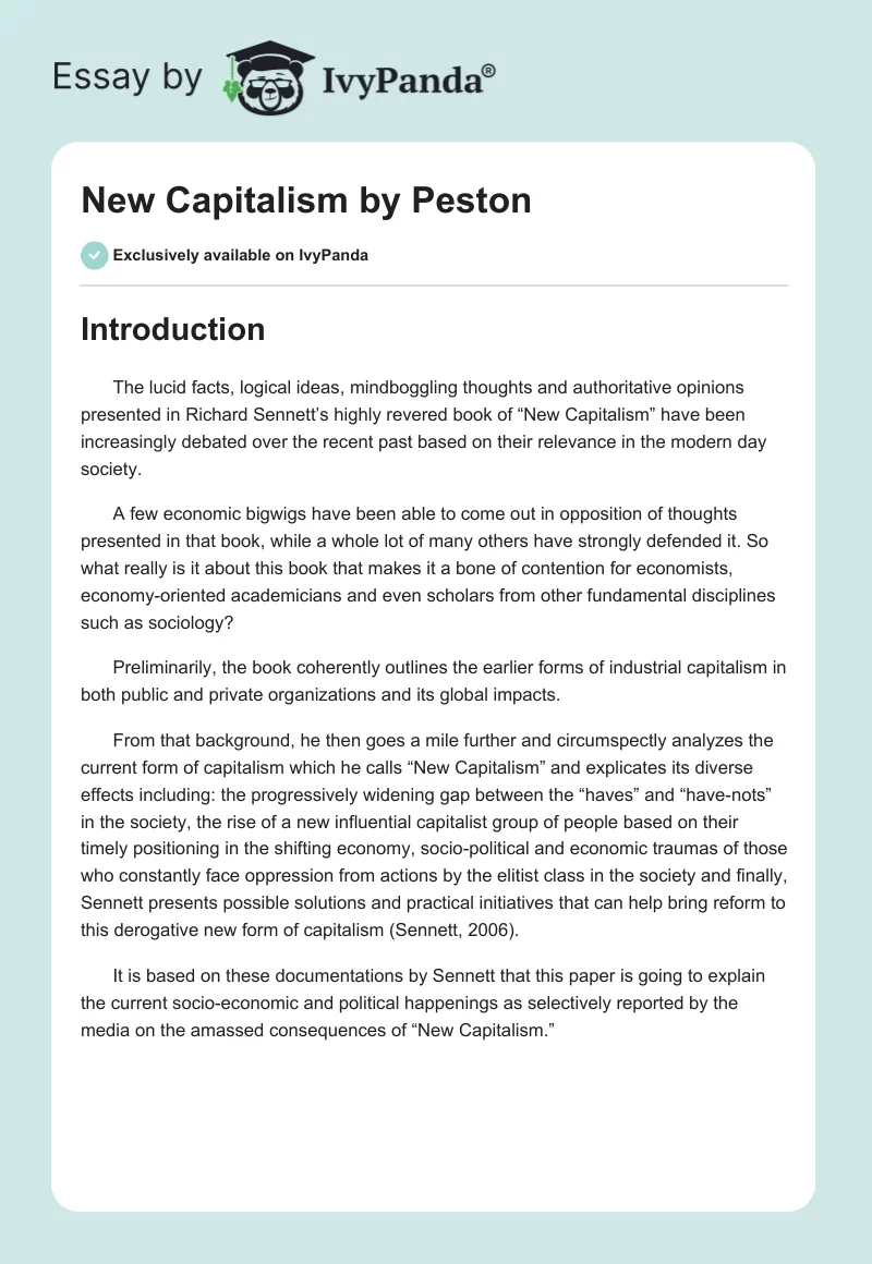"New Capitalism" by Peston. Page 1