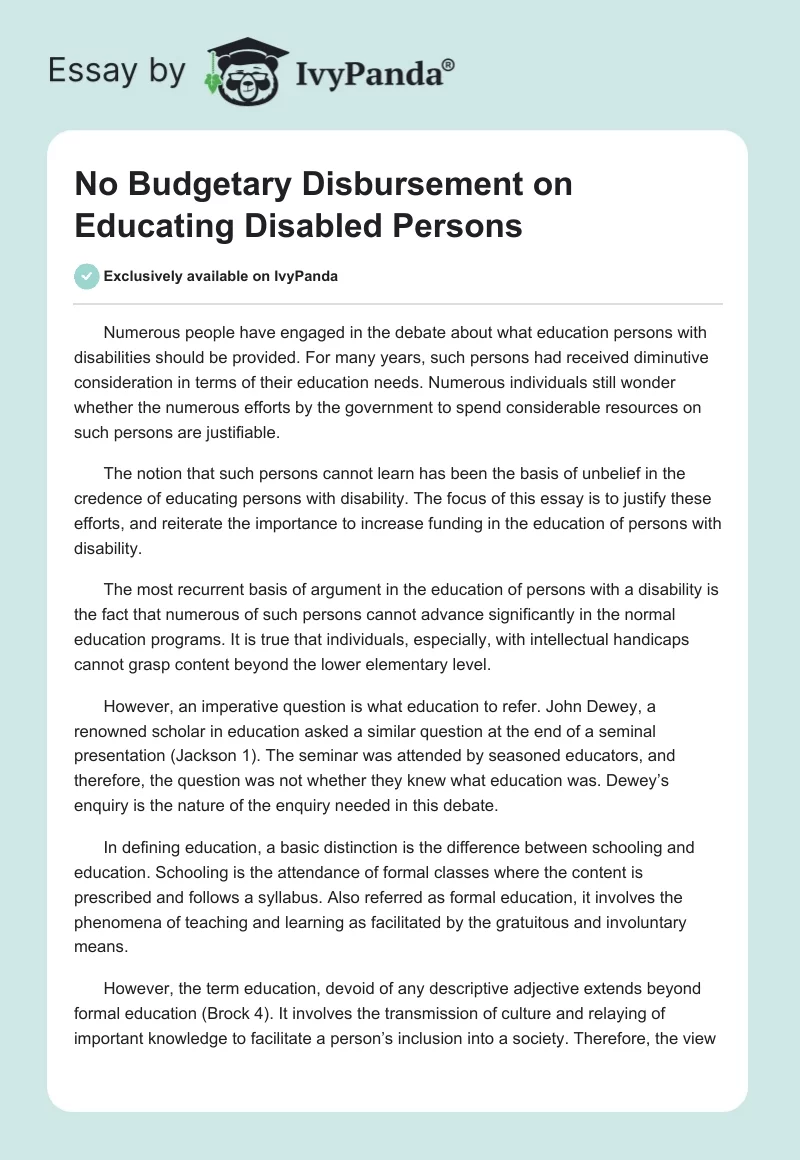 No Budgetary Disbursement on Educating Disabled Persons. Page 1