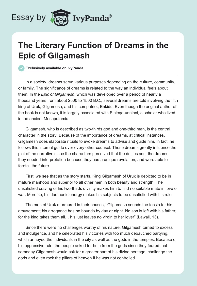 The Literary Function of Dreams in the Epic of Gilgamesh. Page 1