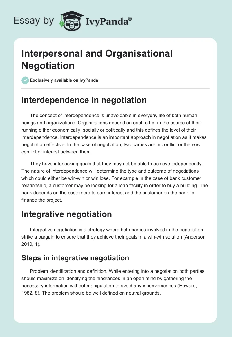 Interpersonal and Organisational Negotiation. Page 1