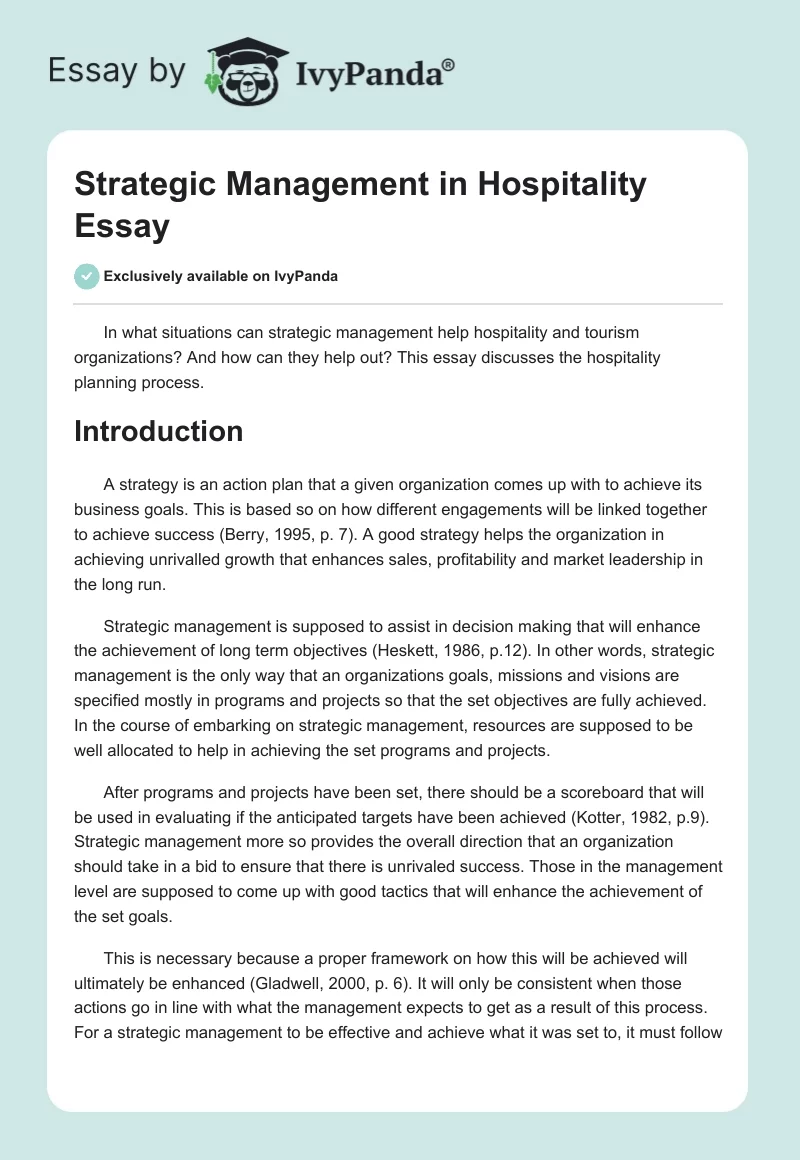 Strategic Management in Hospitality Essay. Page 1
