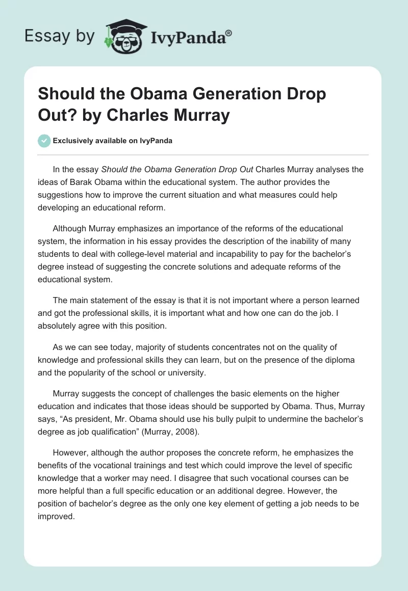 Should the Obama Generation Drop Out? by Charles Murray. Page 1
