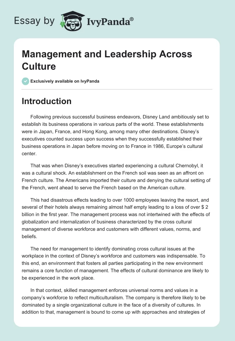 Management and Leadership Across Culture. Page 1