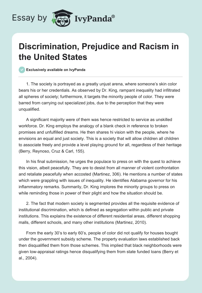 Discrimination, Prejudice and Racism in the United States. Page 1