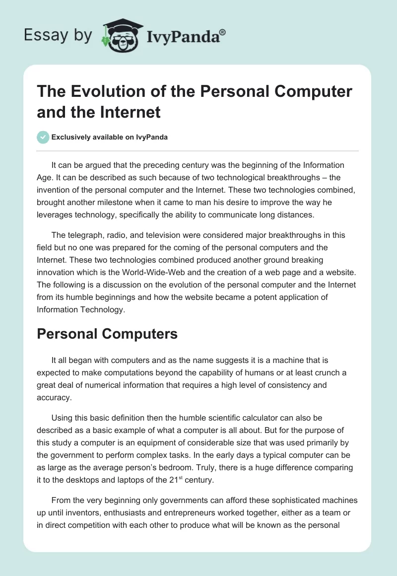 The Evolution of the Personal Computer and the Internet. Page 1
