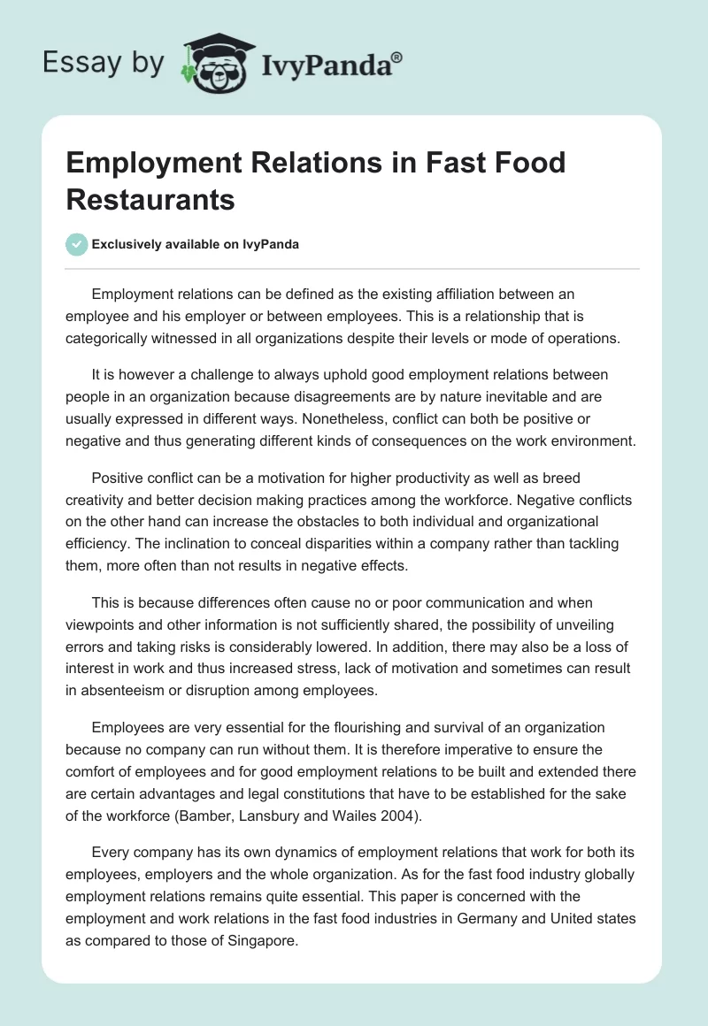Employment Relations in Fast Food Restaurants. Page 1