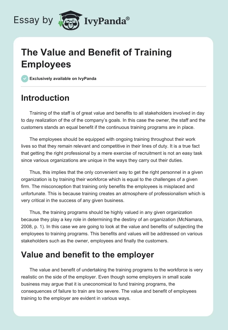 The Value and Benefit of Training Employees. Page 1