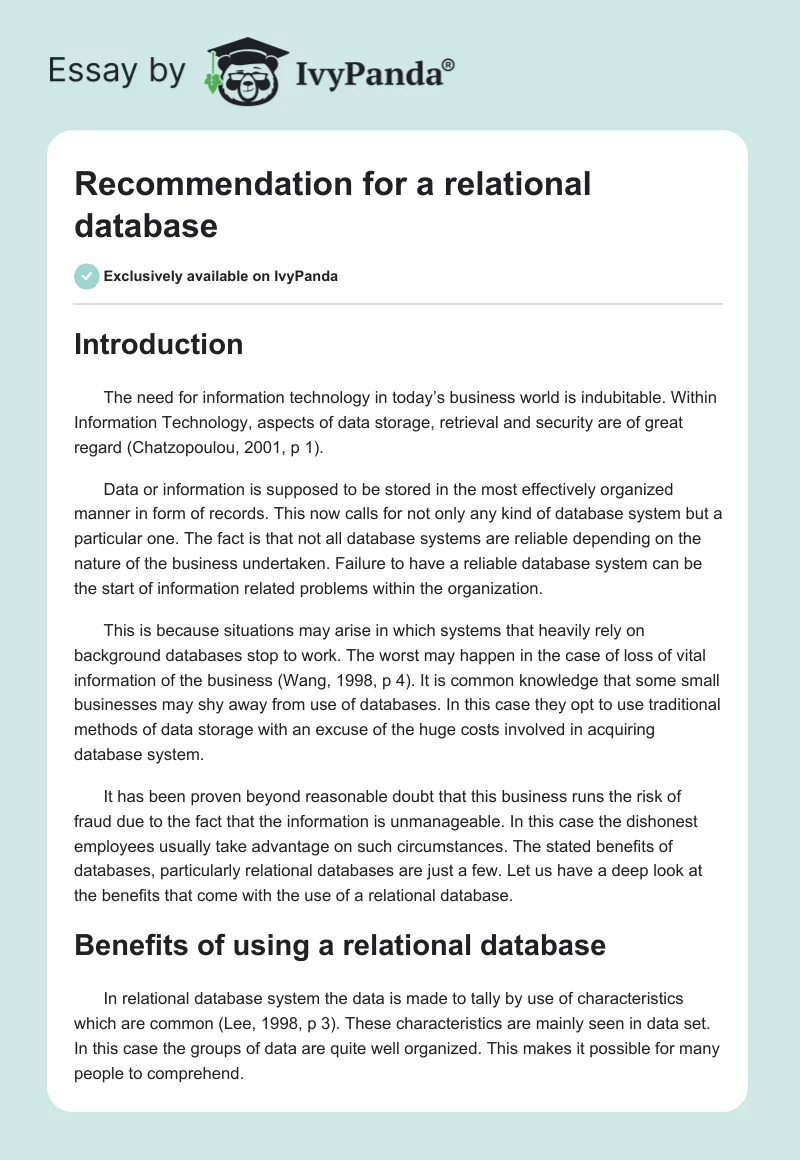 Recommendation for a relational database. Page 1