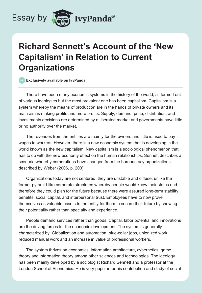 Richard Sennett’s Account of the ‘New Capitalism’ in Relation to Current Organizations. Page 1