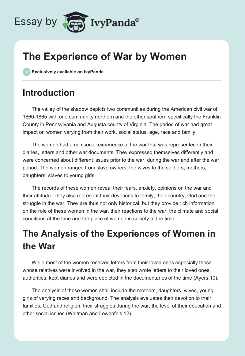 The Experience of War by Women. Page 1