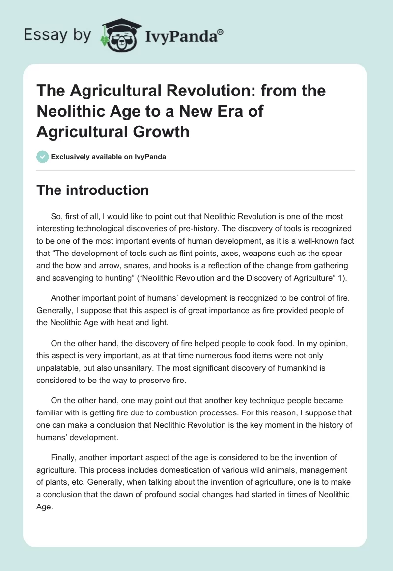 The Agricultural Revolution: From the Neolithic Age to a New Era of Agricultural Growth. Page 1