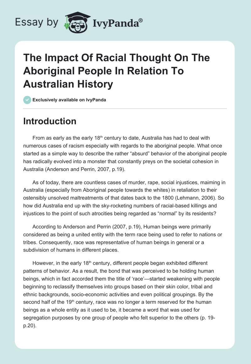 The Impact of Racial Thought on the Aboriginal People in Relation to Australian History. Page 1