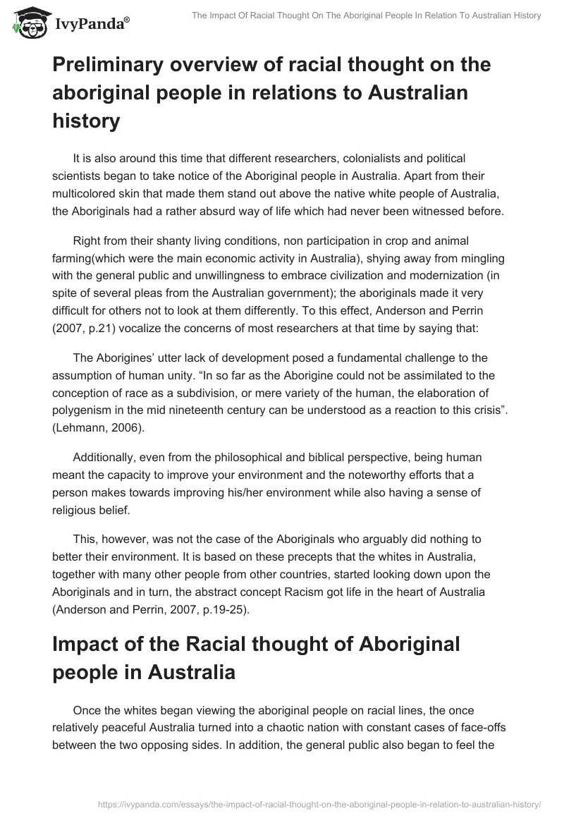The Impact of Racial Thought on the Aboriginal People in Relation to Australian History. Page 2