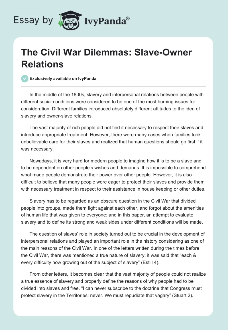 The Civil War Dilemmas: Slave-Owner Relations. Page 1