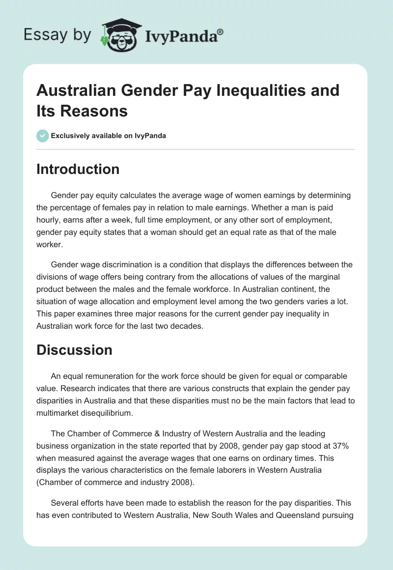 Australian Gender Pay Inequalities and Its Reasons. Page 1