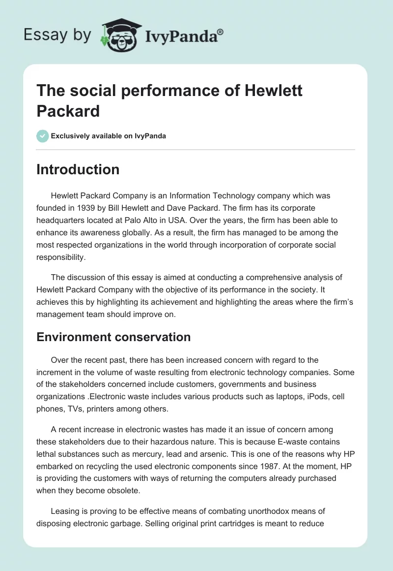 The Social Performance of Hewlett Packard. Page 1