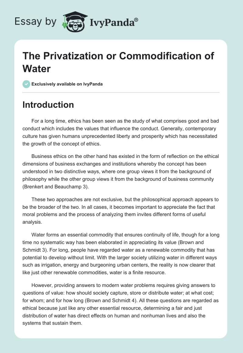 The Privatization or Commodification of Water. Page 1