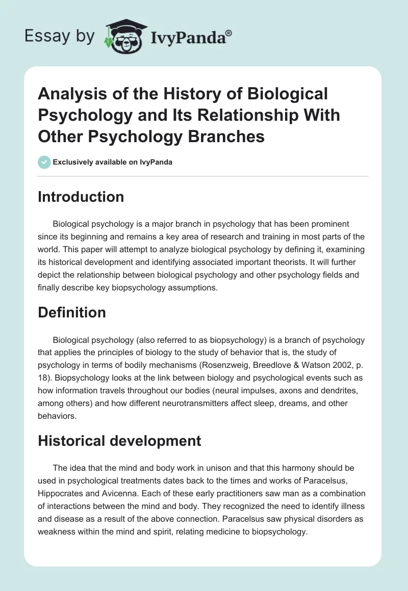 Analysis of the History of Biological Psychology and Its Relationship With Other Psychology Branches. Page 1