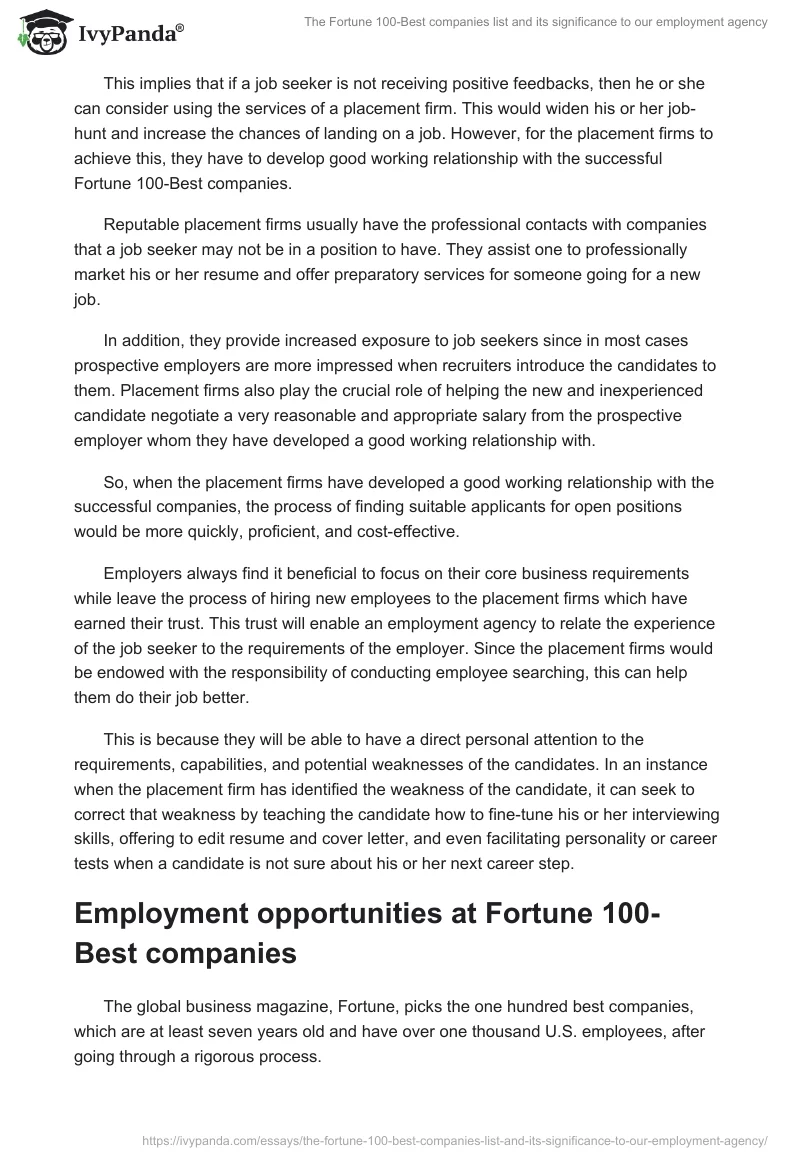 The Fortune 100-Best companies list and its significance to our employment agency. Page 5