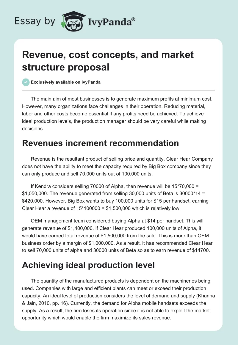 Revenue, cost concepts, and market structure proposal. Page 1