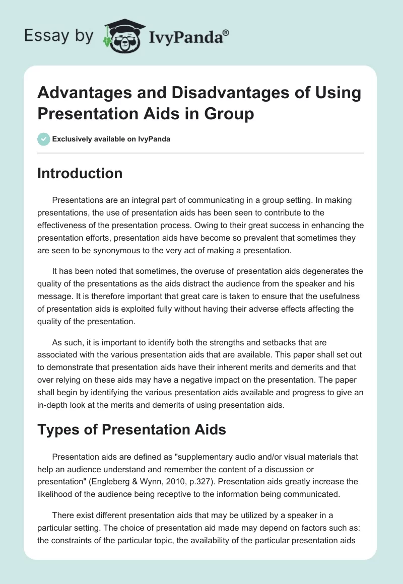 Advantages and Disadvantages of Using Presentation Aids in Group. Page 1