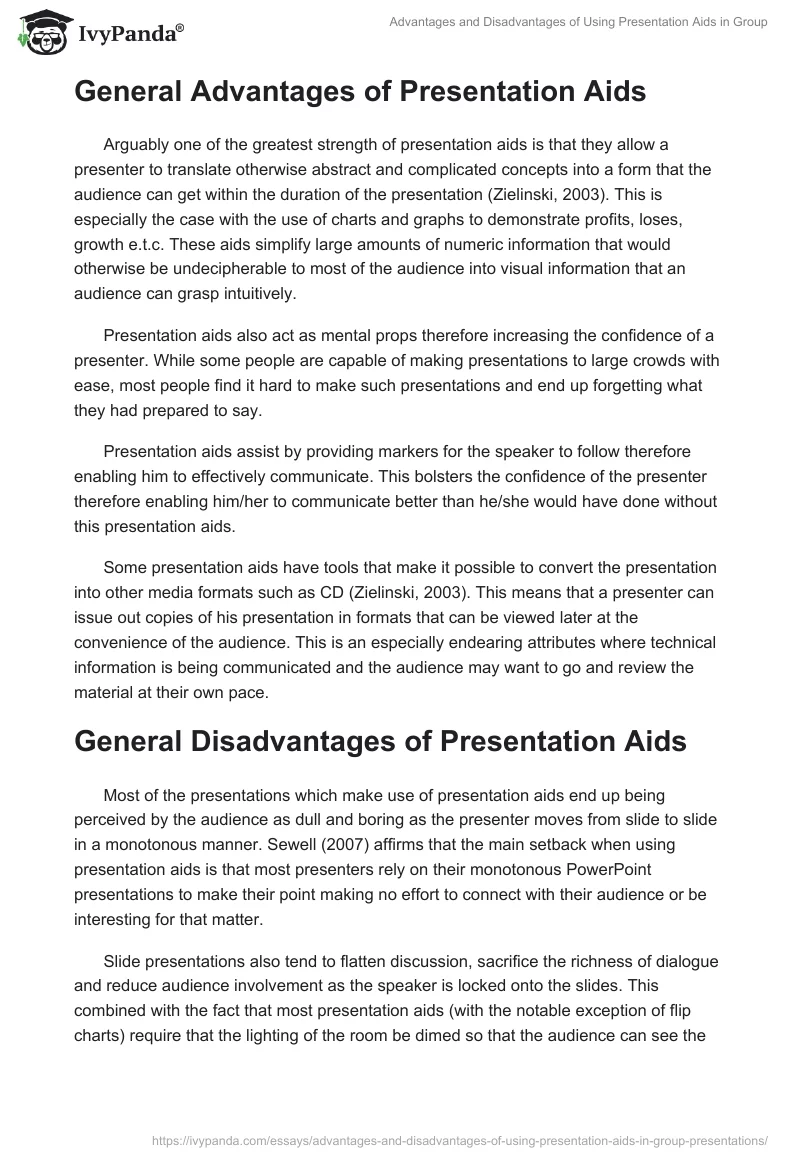Advantages and Disadvantages of Using Presentation Aids in Group. Page 3