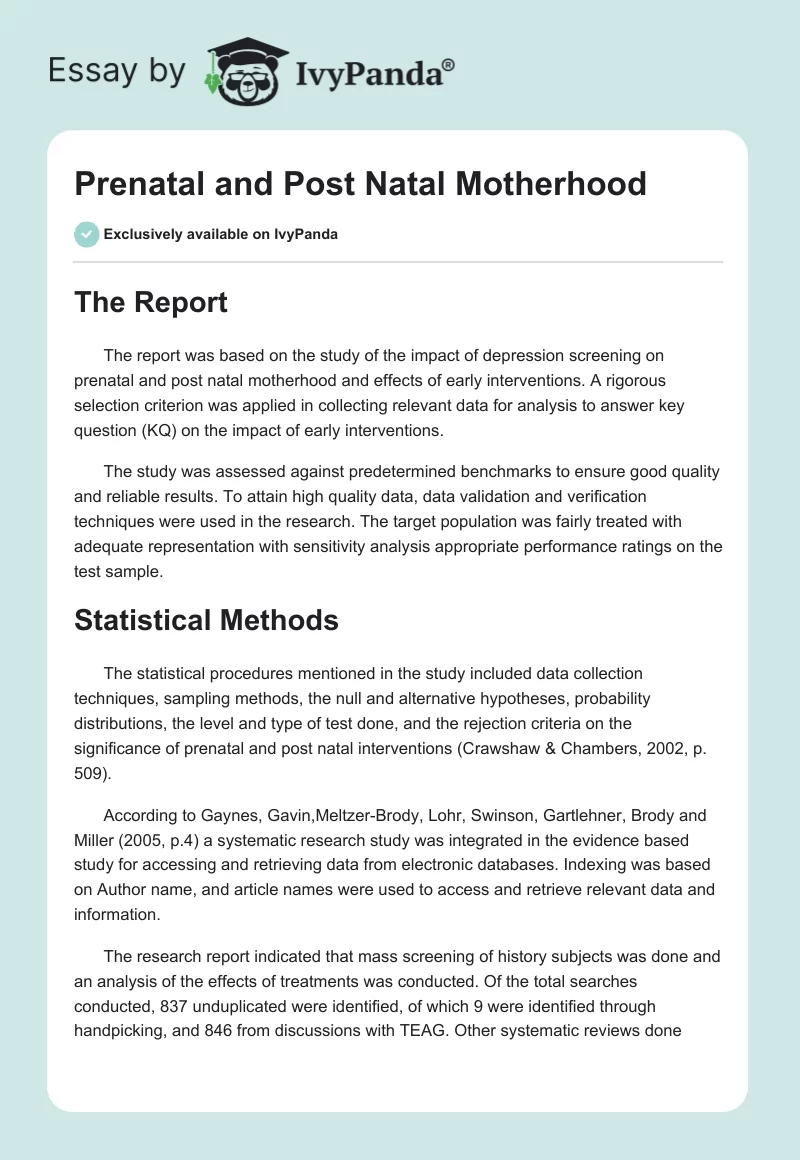 Prenatal and Post Natal Motherhood. Page 1
