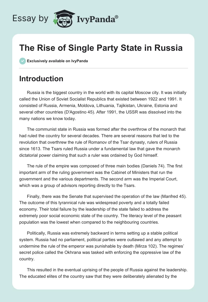 The Rise of Single Party State in Russia. Page 1