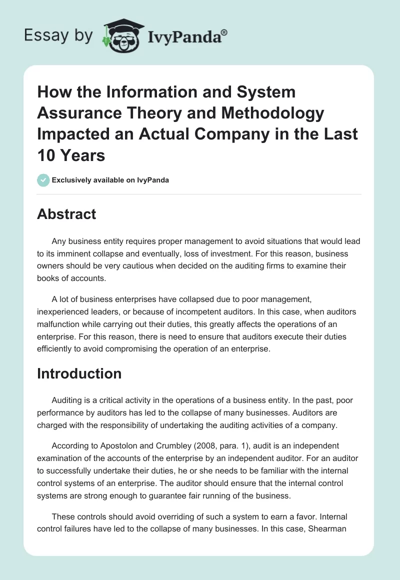 How the Information and System Assurance Theory and Methodology Impacted an Actual Company in the Last 10 Years. Page 1