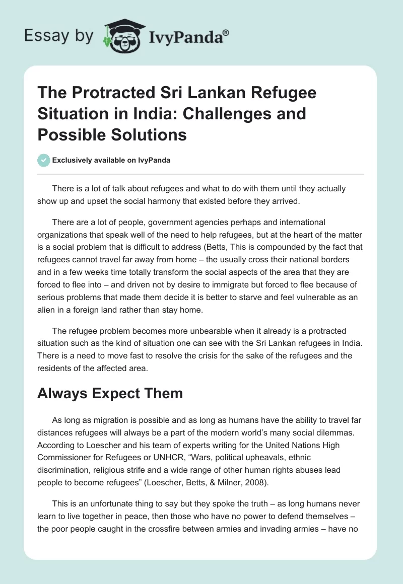 The Protracted Sri Lankan Refugee Situation in India: Challenges and Possible Solutions. Page 1