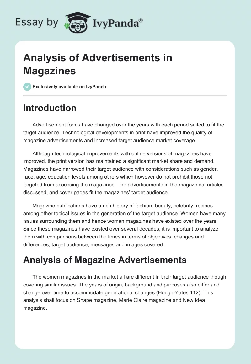 Analysis of Advertisements in Magazines. Page 1