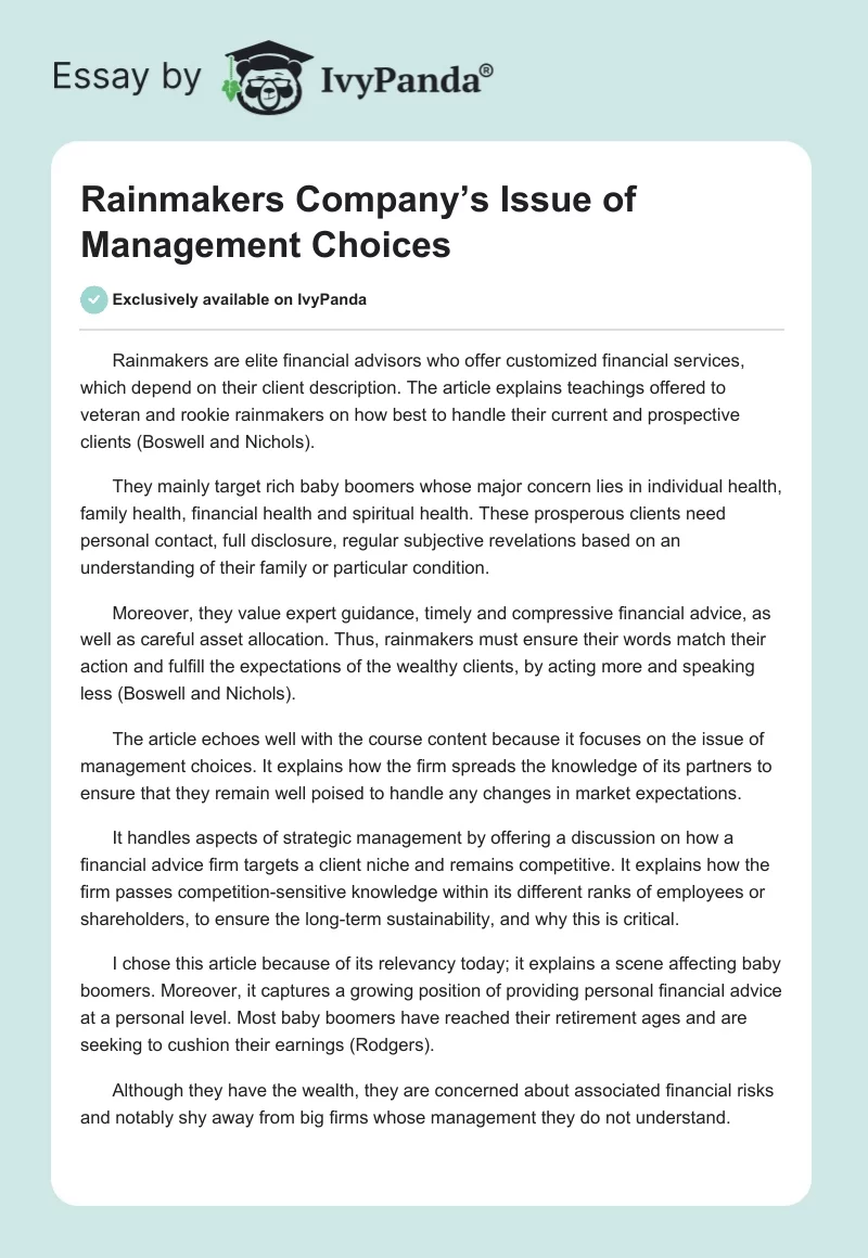Rainmakers Company’s Issue of Management Choices. Page 1