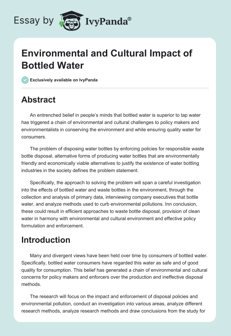 Environmental and Cultural Impact of Bottled Water. Page 1