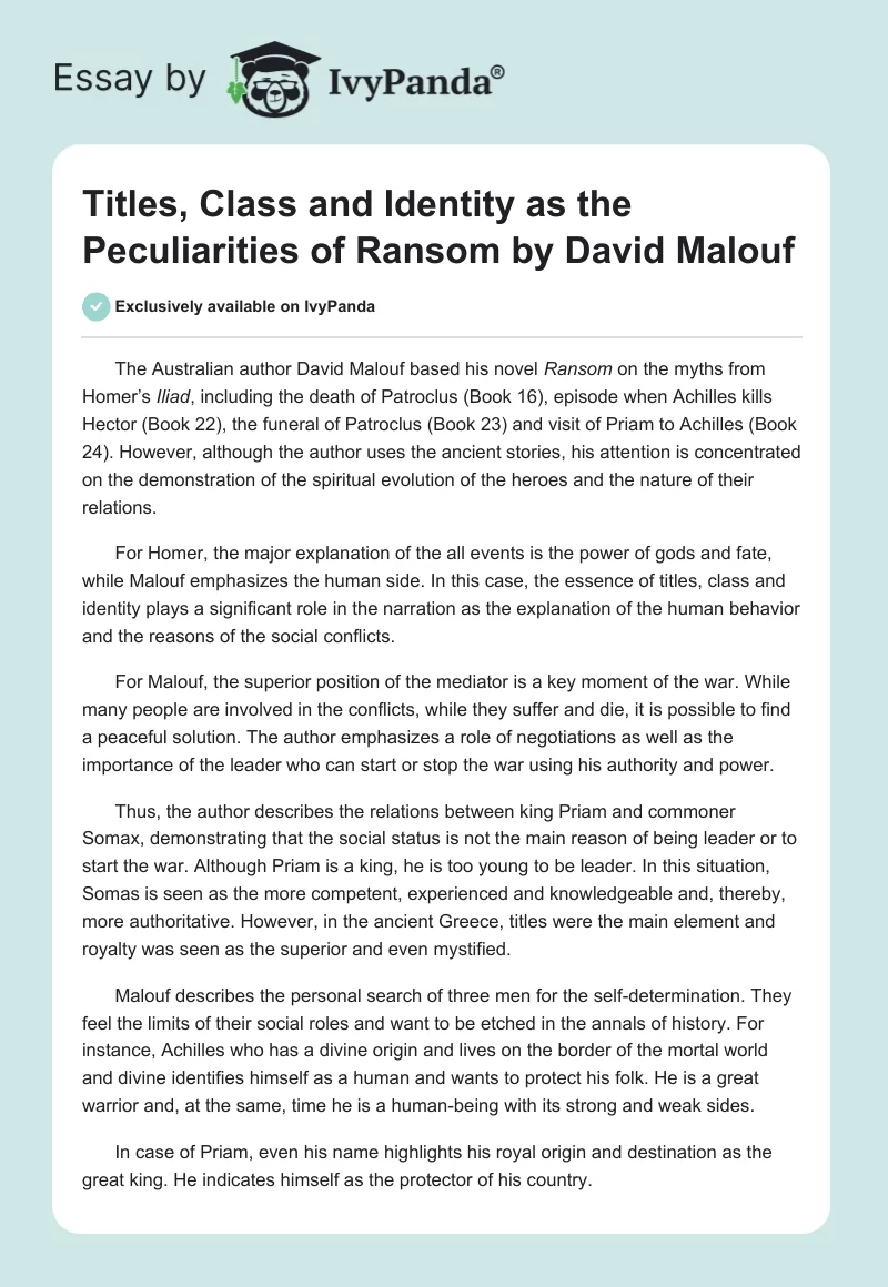 Titles, Class and Identity as the Peculiarities of Ransom by David Malouf. Page 1