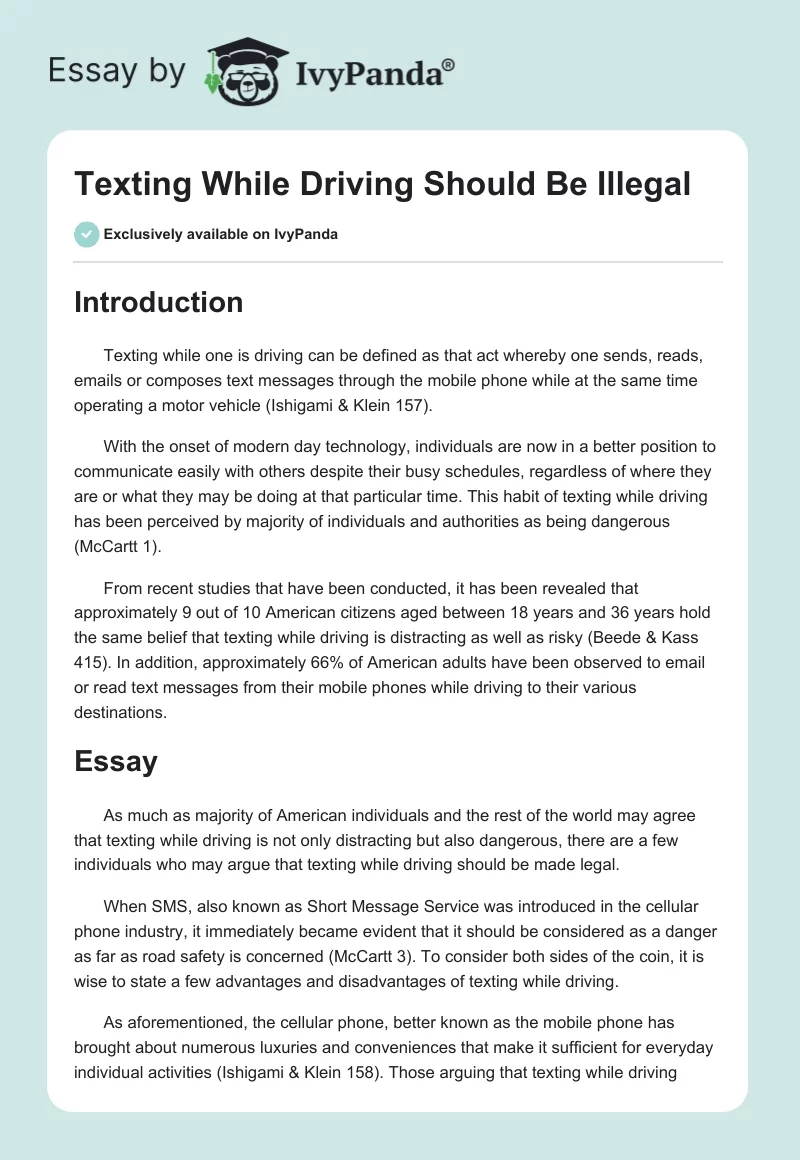 Texting While Driving Should Be Illegal. Page 1