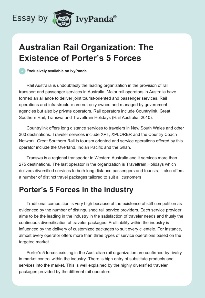 Australian Rail Organization: The Existence of Porter’s 5 Forces. Page 1