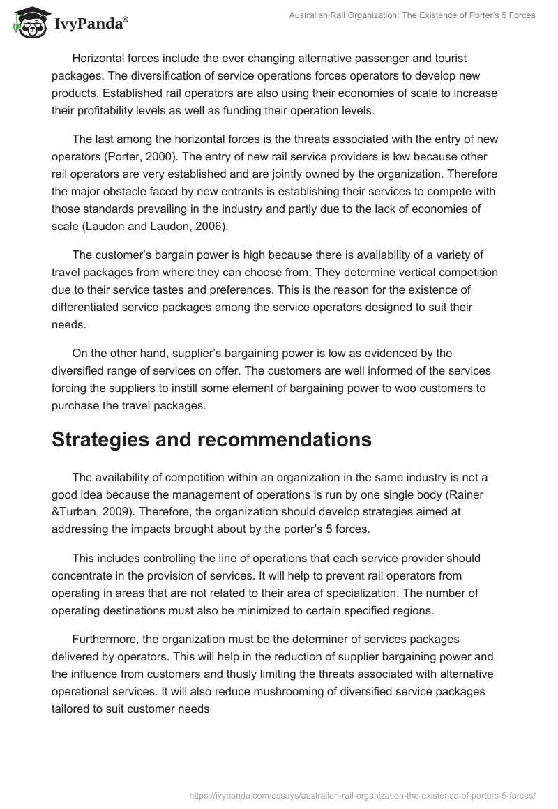 Australian Rail Organization: The Existence of Porter’s 5 Forces. Page 2