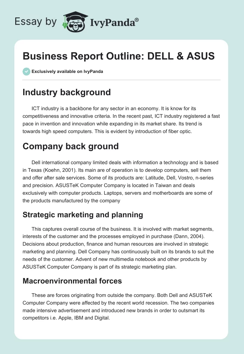 Business Report Outline: DELL & ASUS. Page 1