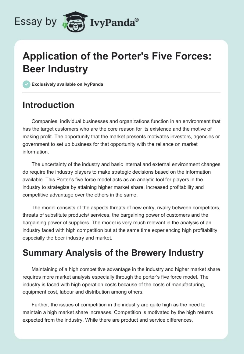 Application of the Porter's Five Forces: Beer Industry. Page 1