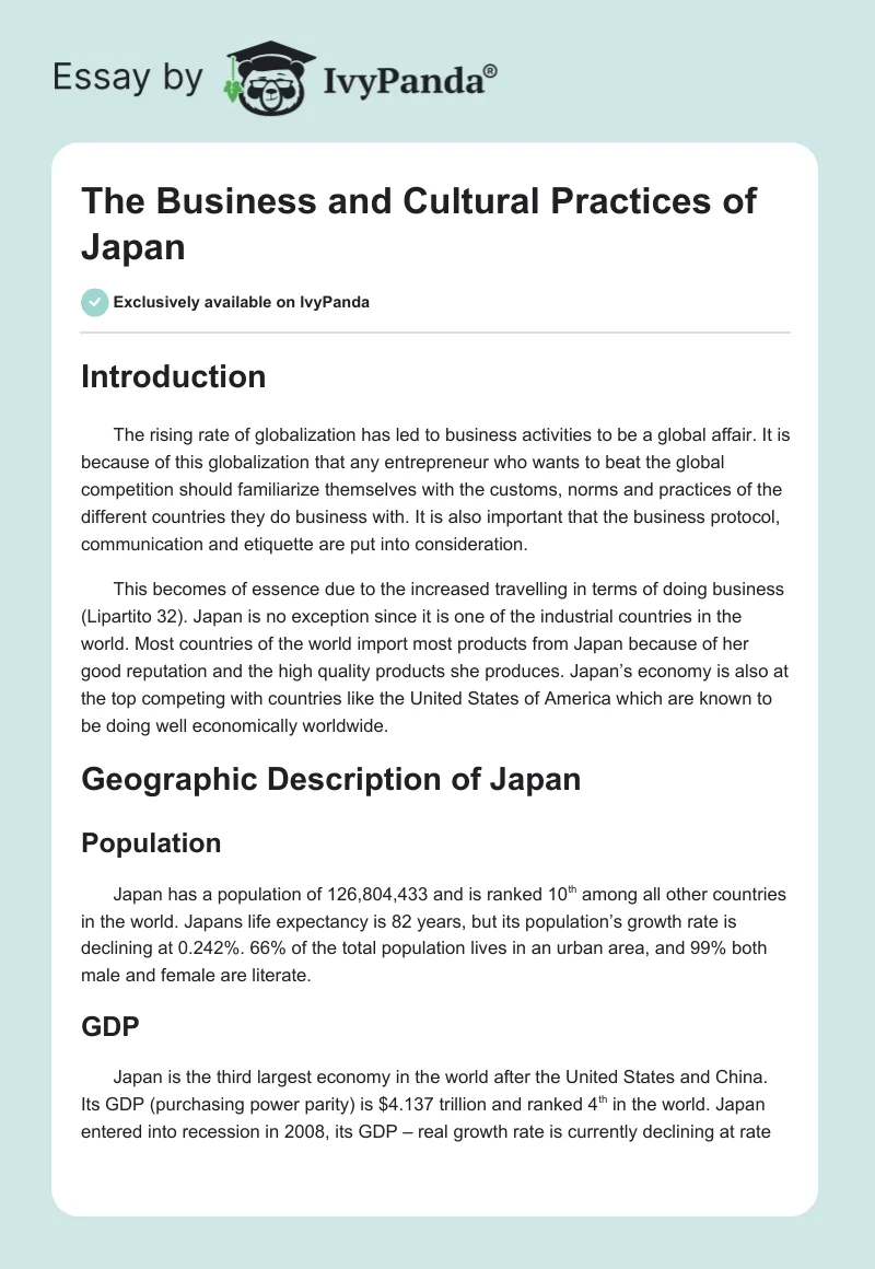 The Business and Cultural Practices of Japan. Page 1