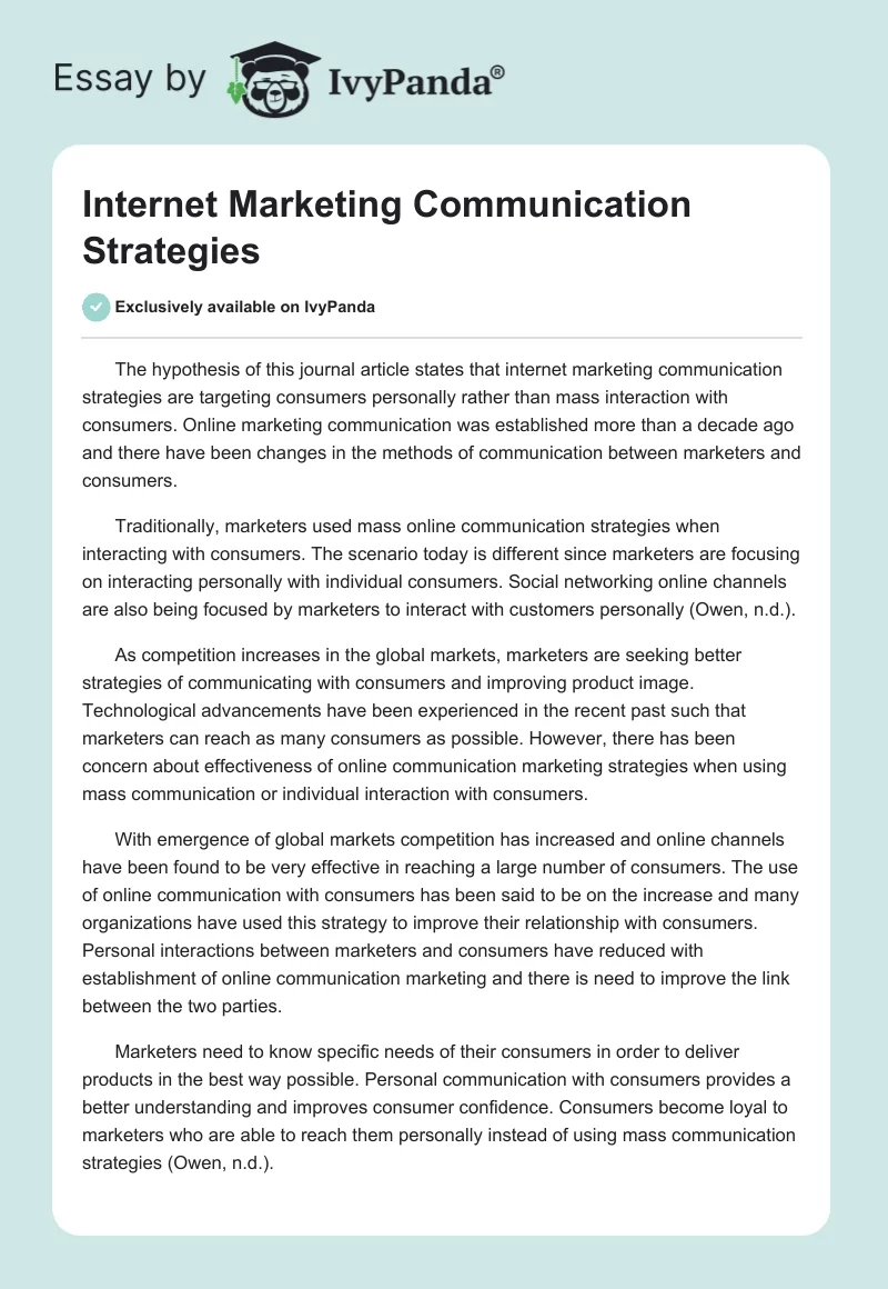 Internet Marketing Communication Strategies. Page 1