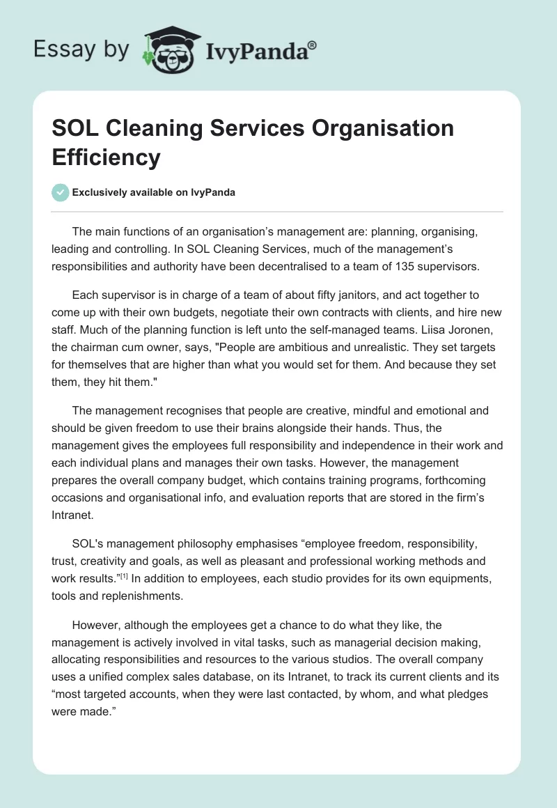 SOL Cleaning Services Organisation Efficiency. Page 1