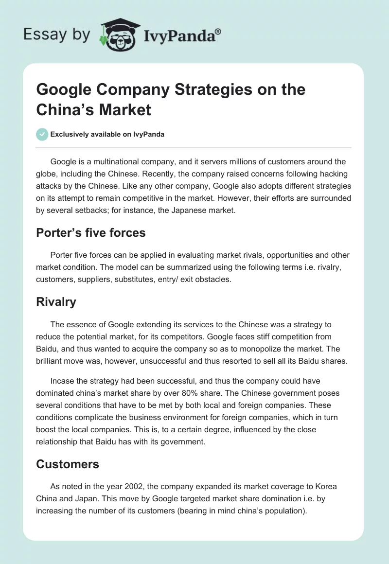 Google Company Strategies on the China’s Market. Page 1
