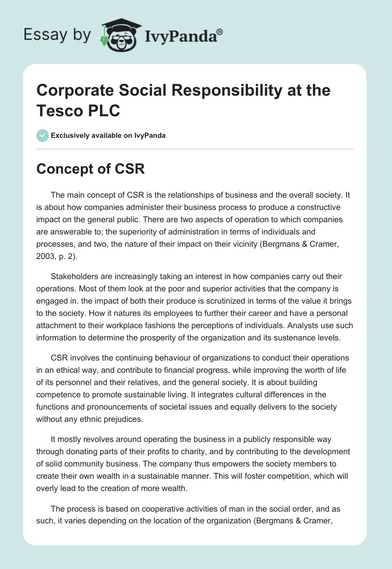Corporate Social Responsibility at the Tesco PLC. Page 1