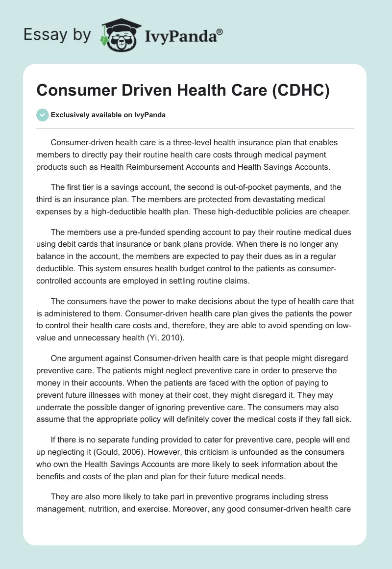 Consumer Driven Health Care (CDHC). Page 1